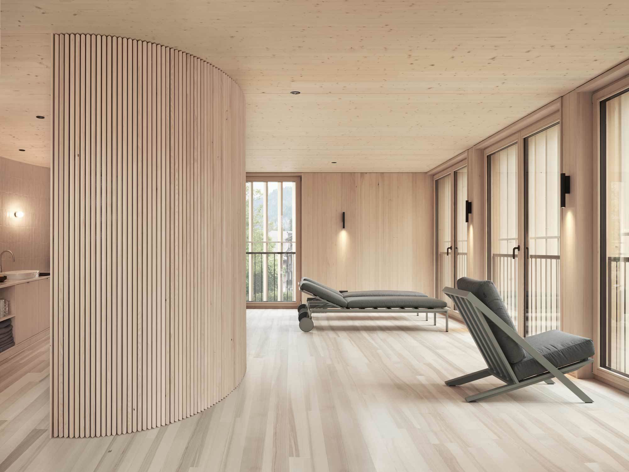 Dimmbare Strahler der SPY 39-Familie sowie Deep Ringo-Downlights von Deltalight schaffen in Verbindung mit Holz als vorherrschendem Material eine natürliche Atmosphäre.