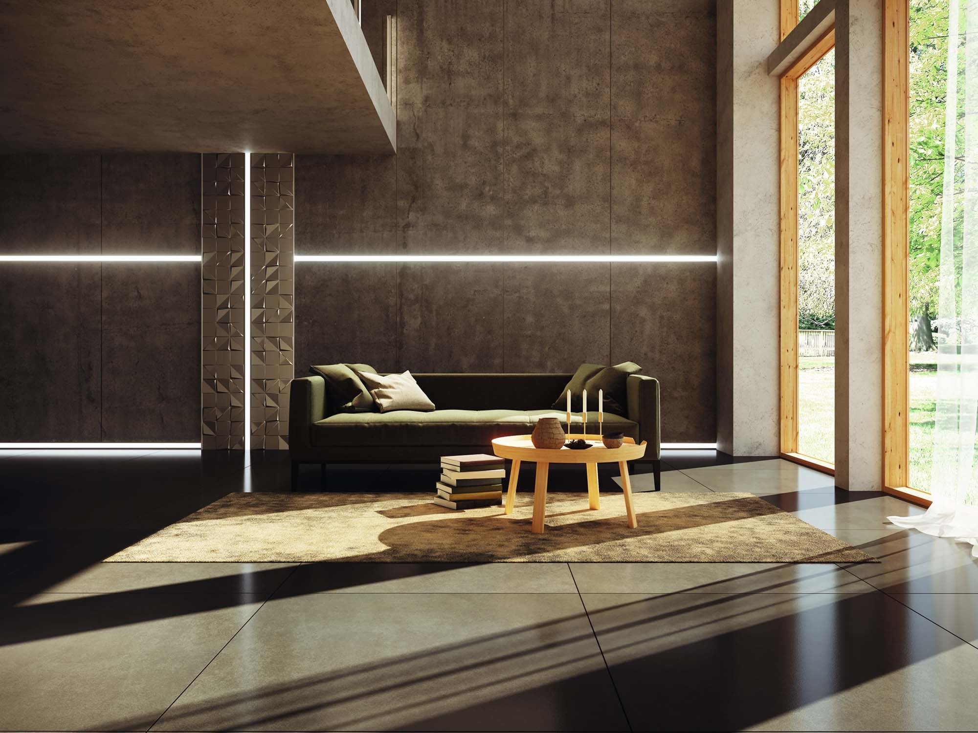 In die Wand eingelassene Lichtleisten schaffen eine besondere Raumatmosphäre.