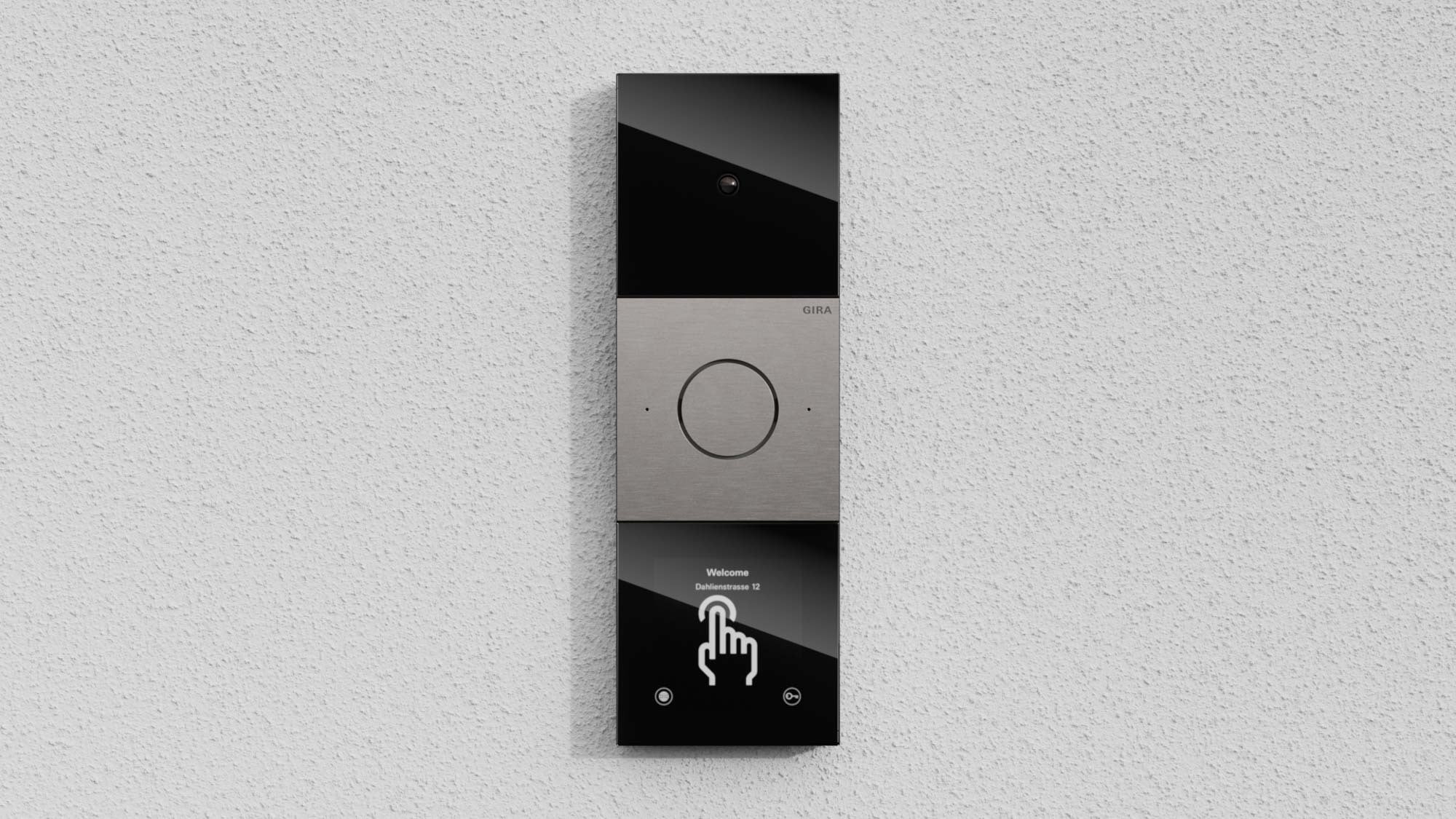 Das Gira System 106 lässt sich modular konfigurieren und bündelt Kamera, Klingel, Sprechstelle und Display in einer eleganten Außenstation.