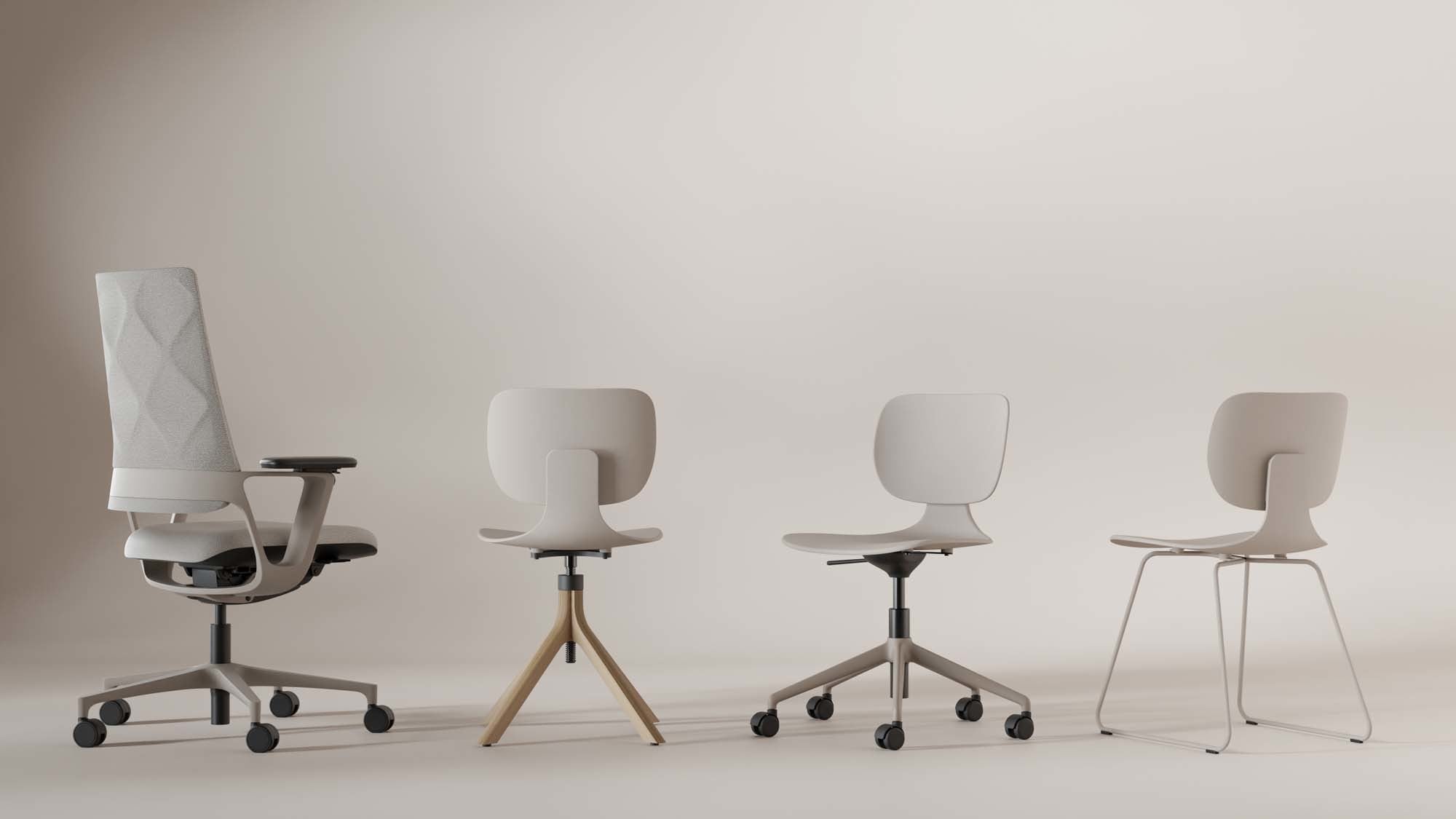 Verschiedene Stuhlmodelle im Farbton Simply Taupe