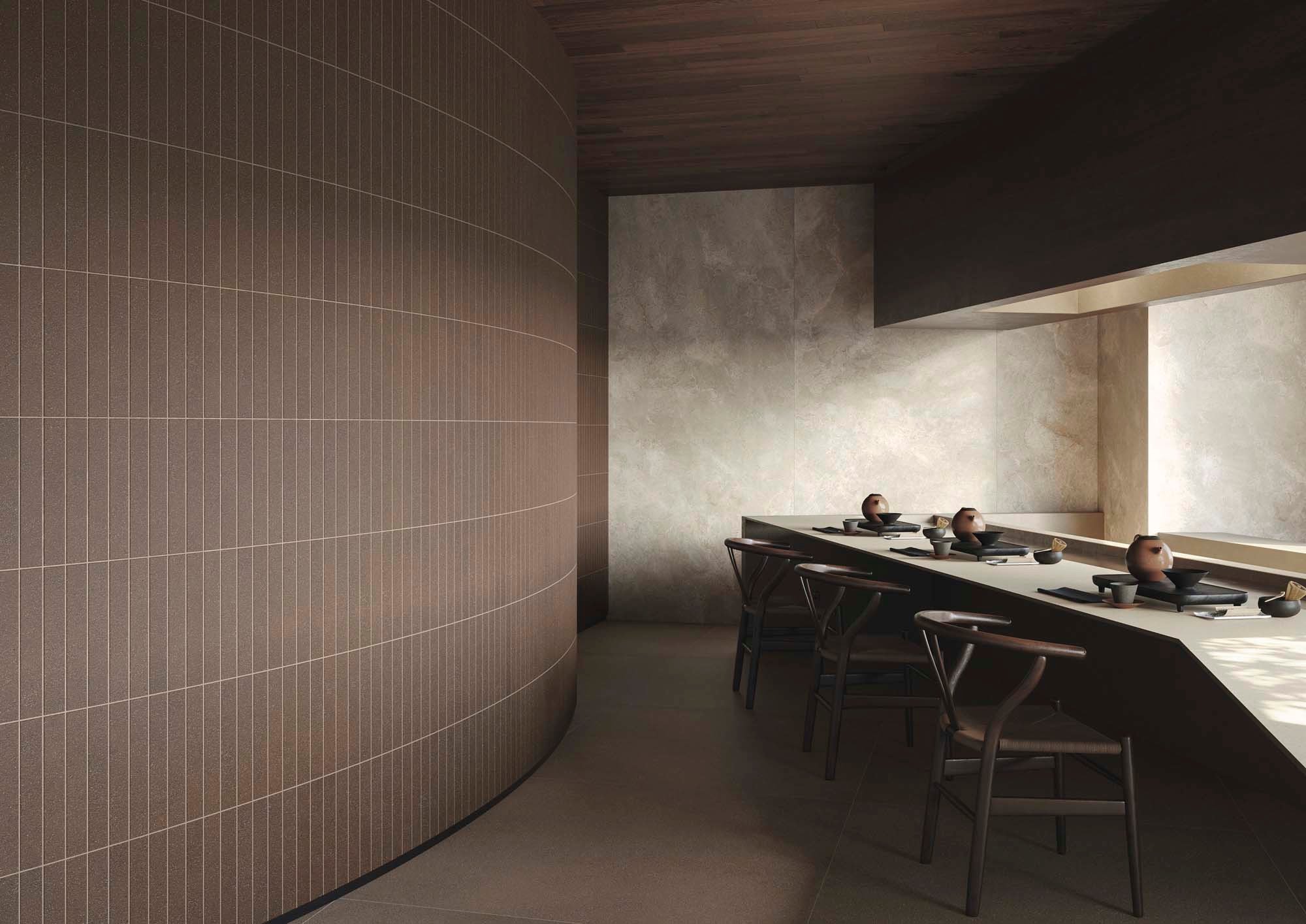 Restaurantausstattung in der Farbe<i> Pura Marrone </i>aus der <span data-huuid="15393932453088798752"><span>Feinsteinzeug</span></span>-Kollektion <i><span data-huuid="15393932453088798752">TerraPura </span></i> Restaurantausstattung in der Farbe Pura Marrone aus der Feinsteinzeug-Kollektion TerraPura