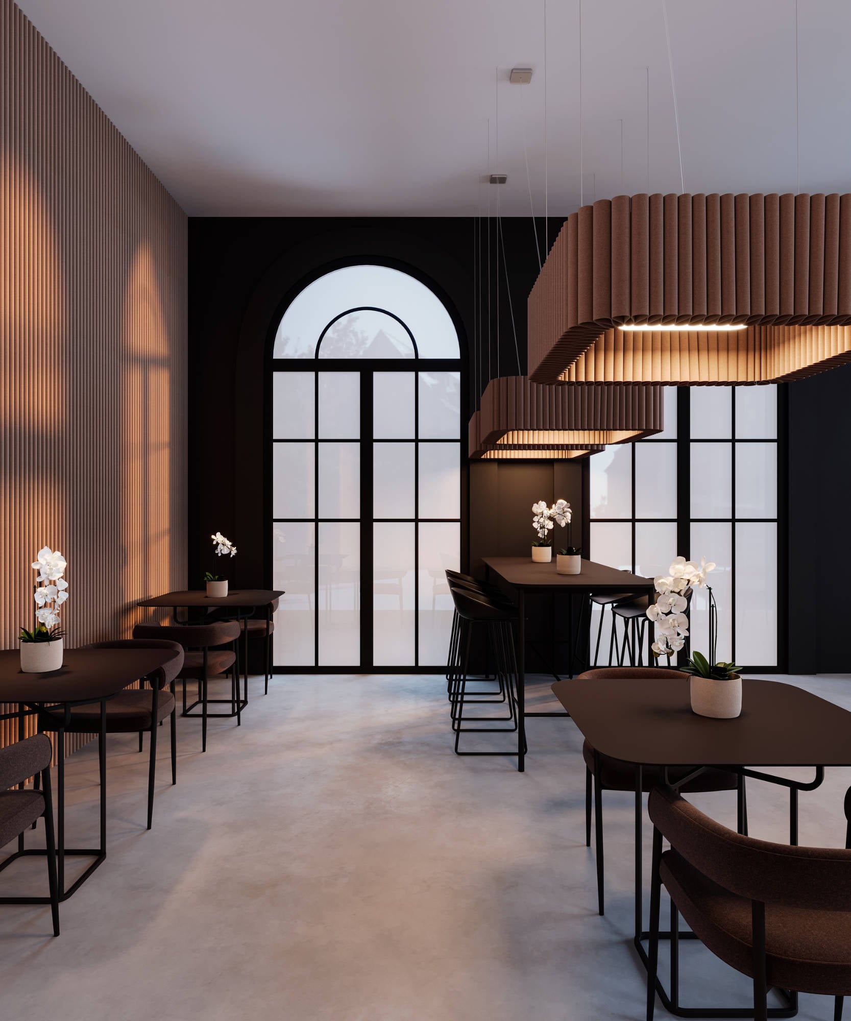 Die großformatigen Welle-Deckenobjekte zonieren den Gastraum, reduzieren den Schall und schaffen eine angenehme Atmosphäre für konzentrierte Gespräche.