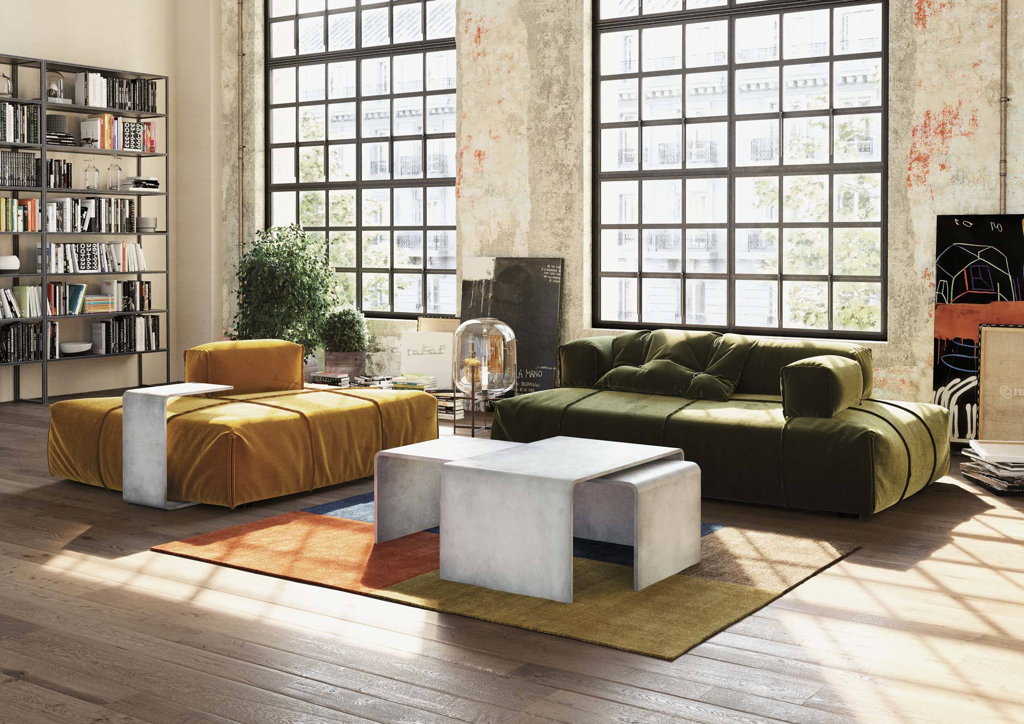 Der GDM.TRIO SET table besteht komplett aus Architekturbeton mit schalungsglatter R9-Oberfläche. Er ist in drei Größen erhältlich und lässt sich flexibel arrangieren.