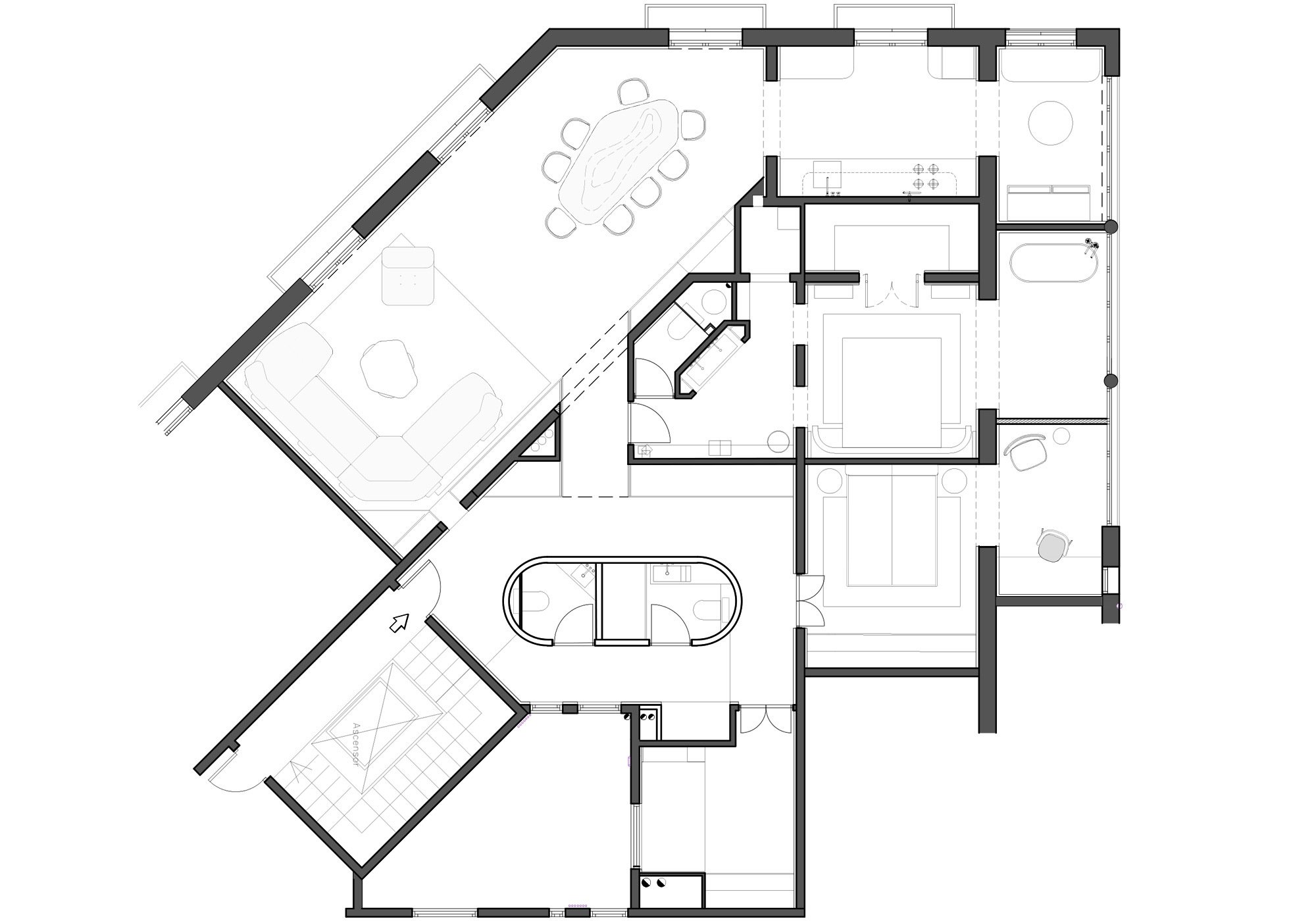 Möblierter Grundriss der Wohnung in Barcelona von Georg Kayser Studio