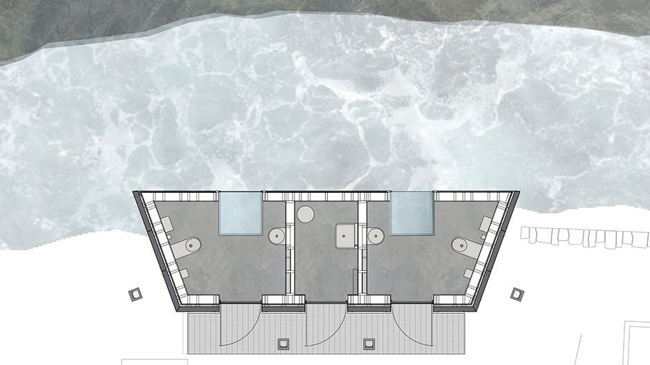 Grundriss des Häuschens: Zum Fluss hin öffnet sich der Raum wie ein Trapez. Grafik: © Fortunen Architects