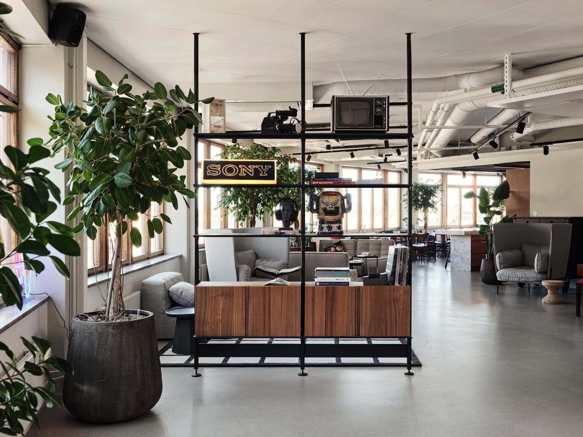 Im Büro von Sony Music kombinierte das Studio WALLNER D.D.H. das modulare Regalsystem Pira G2 mit weiteren String-Elementen für flexible Nutzung und fließende Raumübergänge.