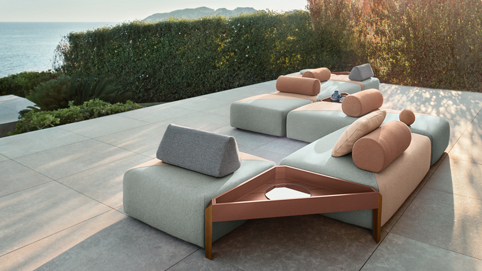 Geometrie in Pastell: die erste rundum gepolsterte Outdoor-Kollektion von Dedon