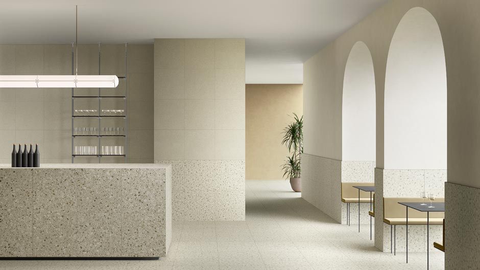 Minimalistische Ästhetik von Beton und Terrazzo in Fliesenformat von VitrA
