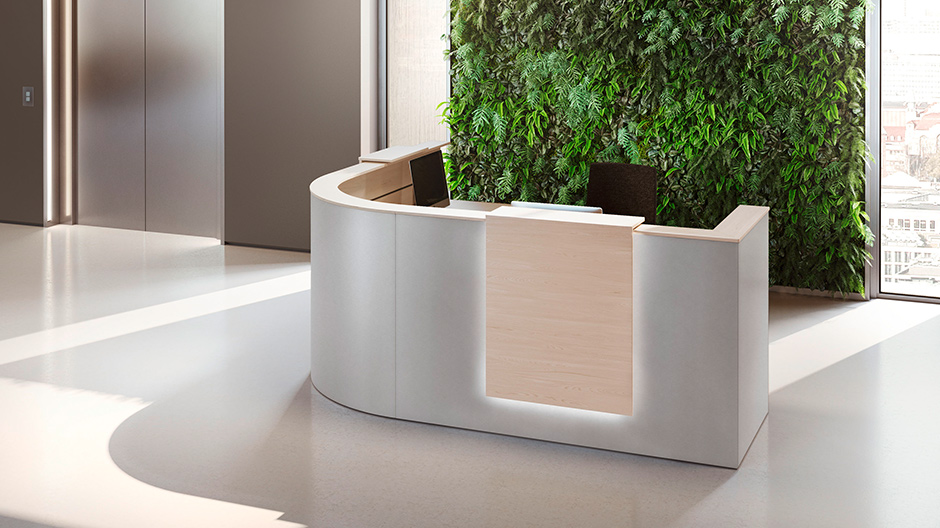 Das Runde muss ins Eckige: Der neue Empfangstresen von Palmberg überzeugt durch gestalterische Vielfalt