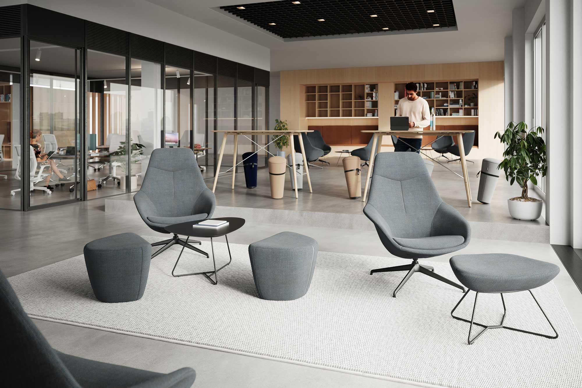 Entspanntes Sitz- und Beimöbelprogramm von neunzig° design für Wilkhahn