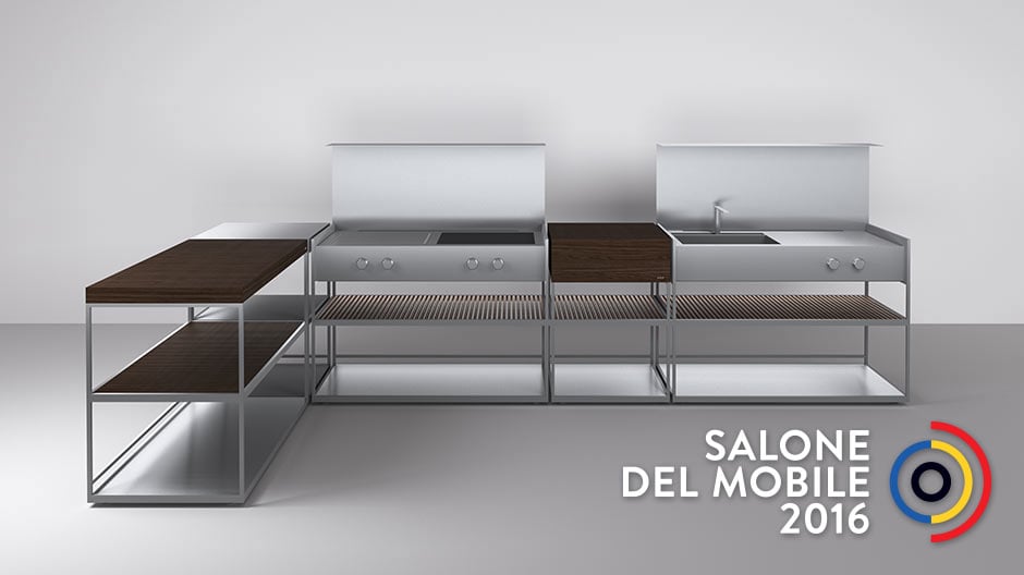 Die modulare Außenküche von Boffi bringt die übliche edle Ausstattung des Herstellers unter freien Himmel.